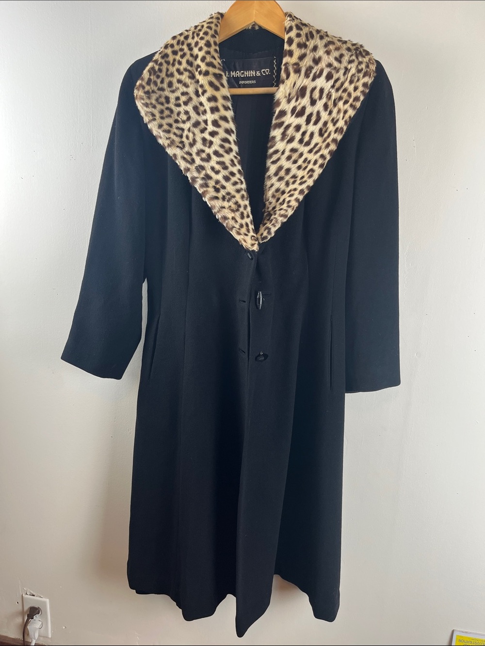 S. Magnin & Co. Black Coat with Leopard Faux Fur Collar